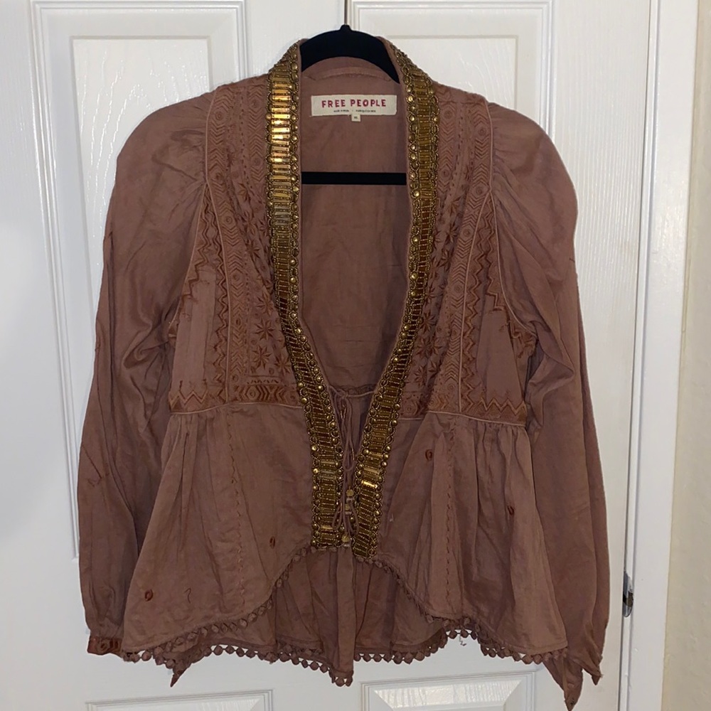 Free People Embroidered Blouse Size XS, Mauve Pink